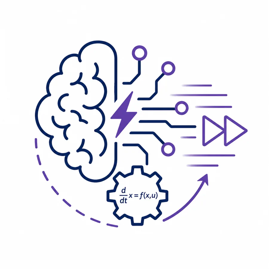 Illustration of physics equations and artificial intelligence combining.
